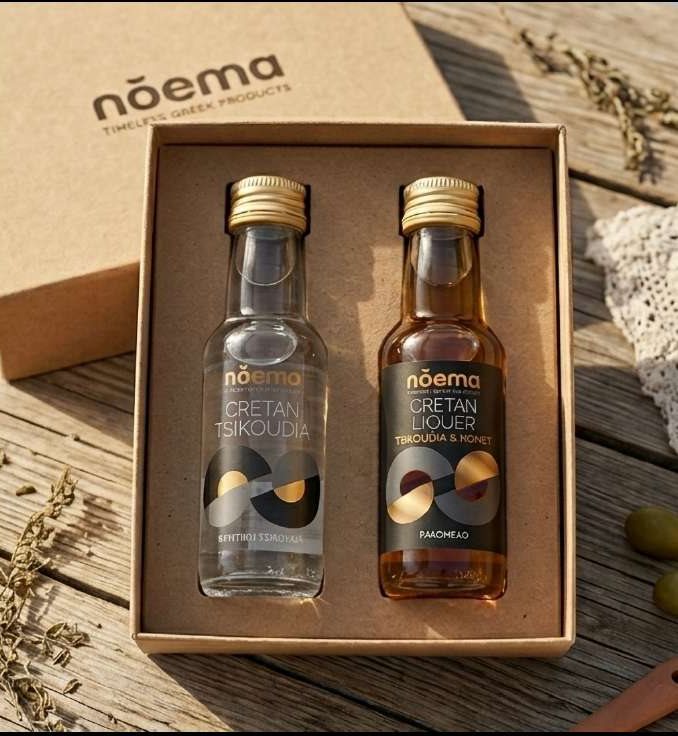 Συσκευασία δώρου με Ρακή και Ρακόμελο 100ml